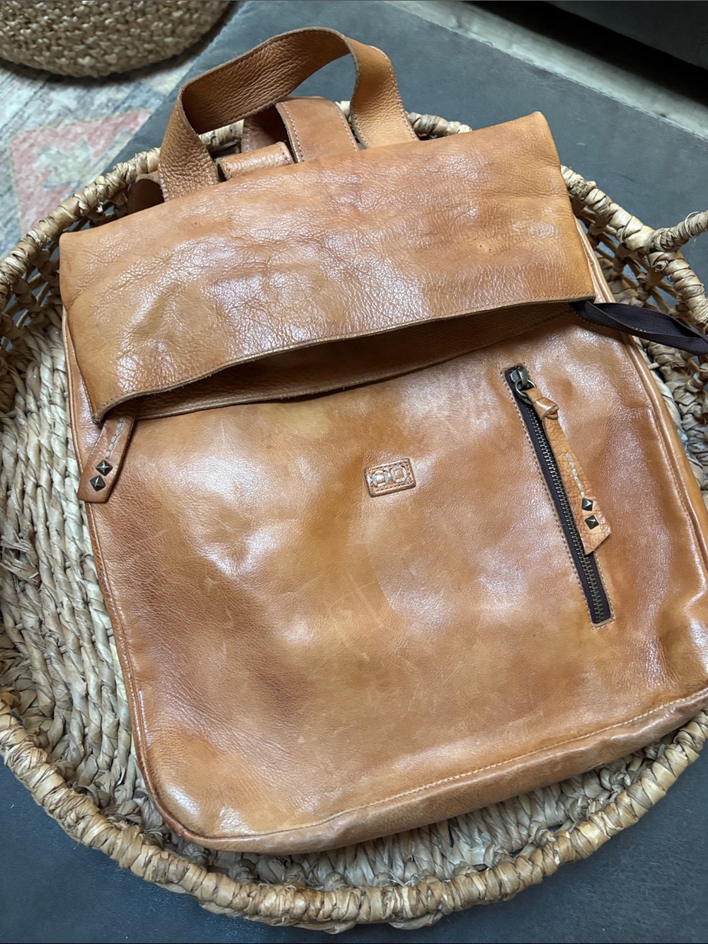 Bed Stu Tan Leather Backpack with Front Zip Pocket